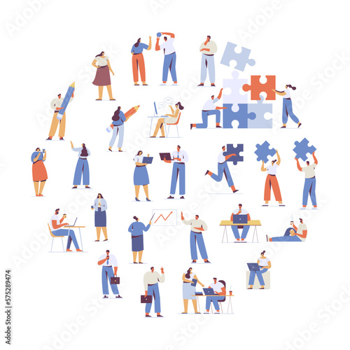 Team working, cooperation. People connecting huge puzzle elements. Partnership. Vector illustration in flat design style.