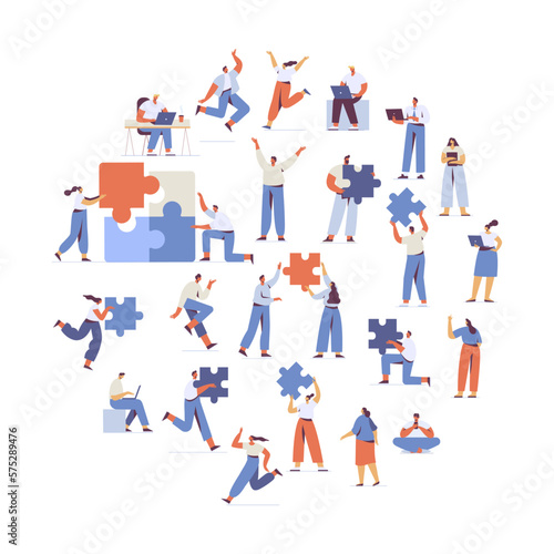 Team working  cooperation. People connecting huge puzzle elements. Partnership. Vector illustration in flat design style.