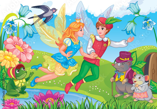 Thumbelina and little prince. Elf Princess. Fairy tale background. Flower meadow and rainbow. Fabulous landscape. Cinderella and magical animals. Children illustration for wallpapers, puzzles. Vector.