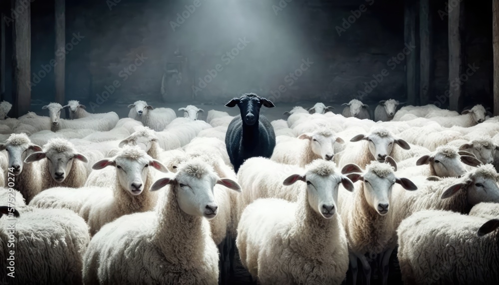 A Flock of White Sheep with a Black Sheep in the Barn Unique and