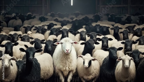 A Flock of White Sheep with a Black Sheep in the Barn - Unique and Stand Out from the Crowd. Generative ai illustration photo