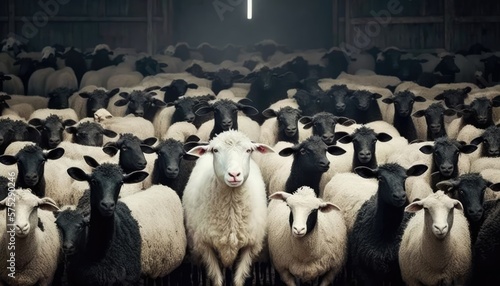 A Flock of White Sheep with a Black Sheep in the Barn - Unique and Stand Out from the Crowd. Generative ai illustration