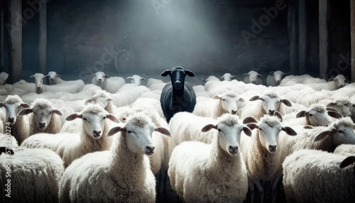 A Flock of White Sheep with a Black Sheep in the Barn - Unique and Stand Out from the Crowd. Generative ai illustration