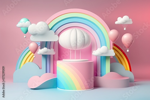 Ideas behind the Rainbow Podium. Commercial design featuring a product stand podium set against a background of rainbow clouds  hot air balloons  and stars. Very light pink decor. Generative AI