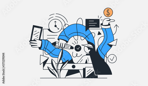Business man with multitasking skills sitting at his laptop with office icons on a background. Freelance worker, Flat vector illustration isolated on white background