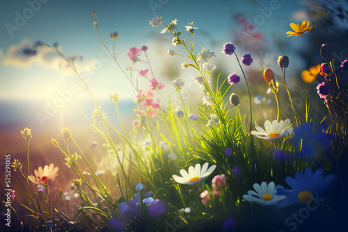 colorful fresh spring meadow  sun light shining made with Generative AI