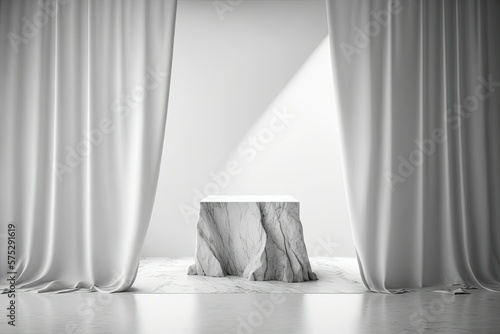 Empty white granite stone table with flowing satin sheer curtains and natural light, ready to display fashion and beauty products. Spectacular, Premium, Mockup, Templates, Backgrounds, and Templates