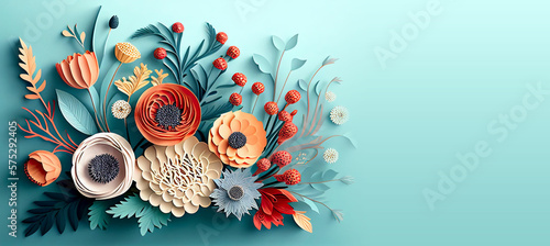 Banner of paper cut out bouquet flowers over pastel blue background with copy space. 8th March Women's Day. Mother's day. Generative AI. 