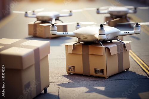 Parcel delivery by multiple drones, starting from the ground made with Generative AI © Marvin