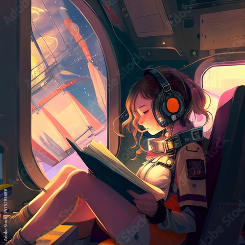 anime girl read book in space