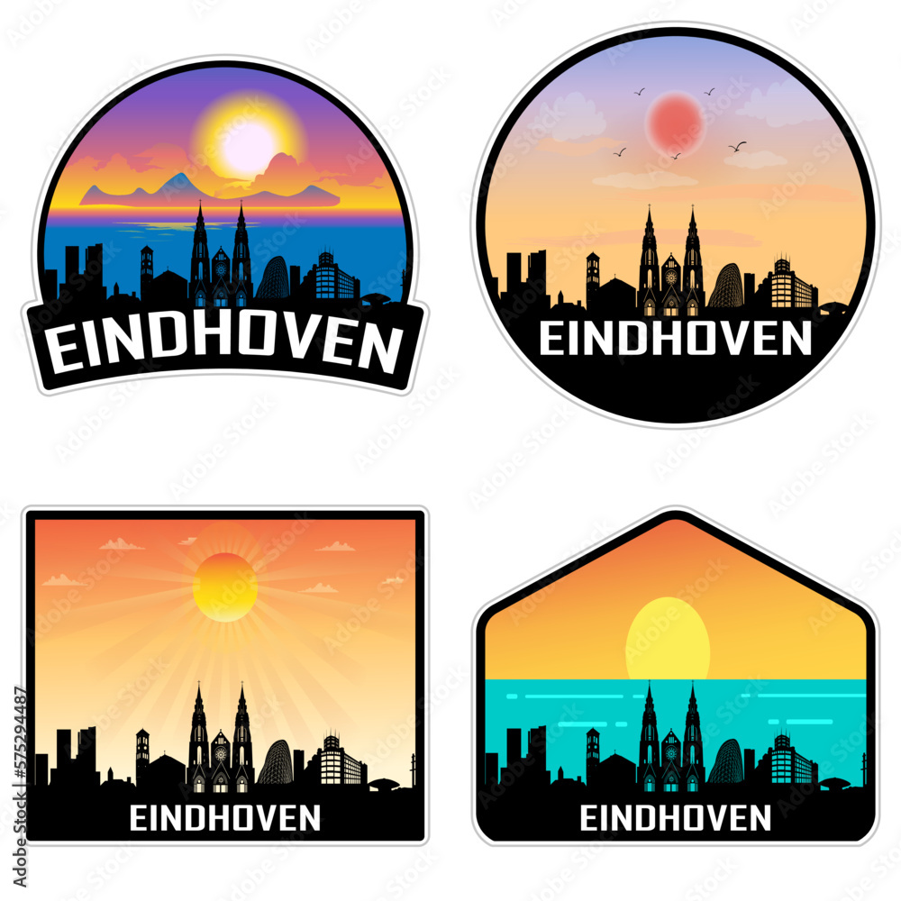 Eindhoven Netherlands Skyline Silhouette Retro Vintage Sunset Eindhoven Lover Travel Souvenir Sticker Vector Illustration SVG EPS AI
