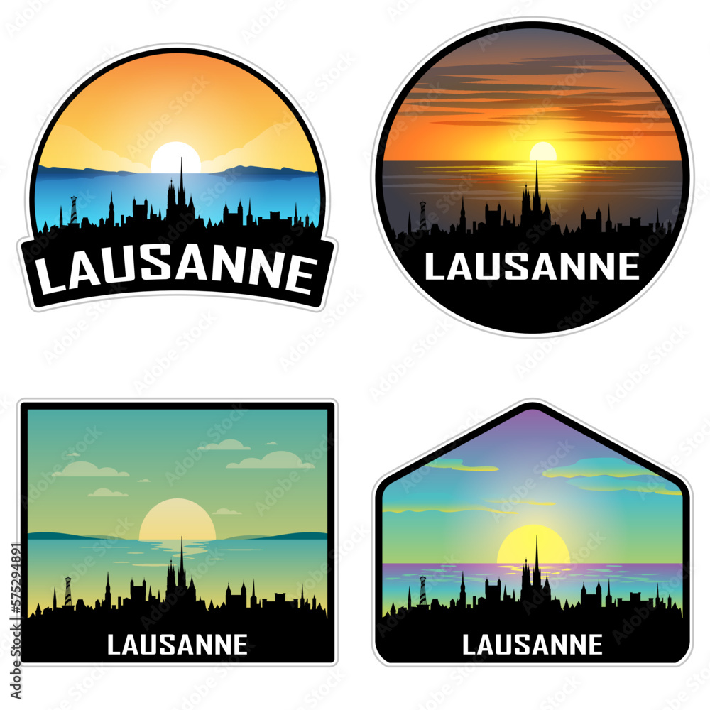 Lausanne Switzerland Skyline Silhouette Retro Vintage Sunset Lausanne Lover Travel Souvenir Sticker Vector Illustration SVG EPS AI