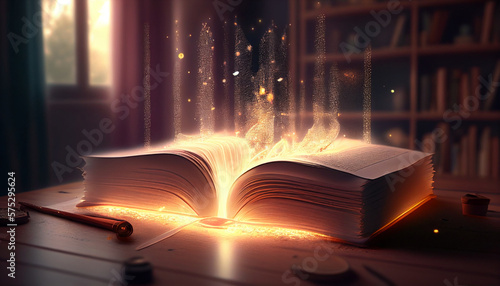 Literary world: magic book on the table, the magic of words