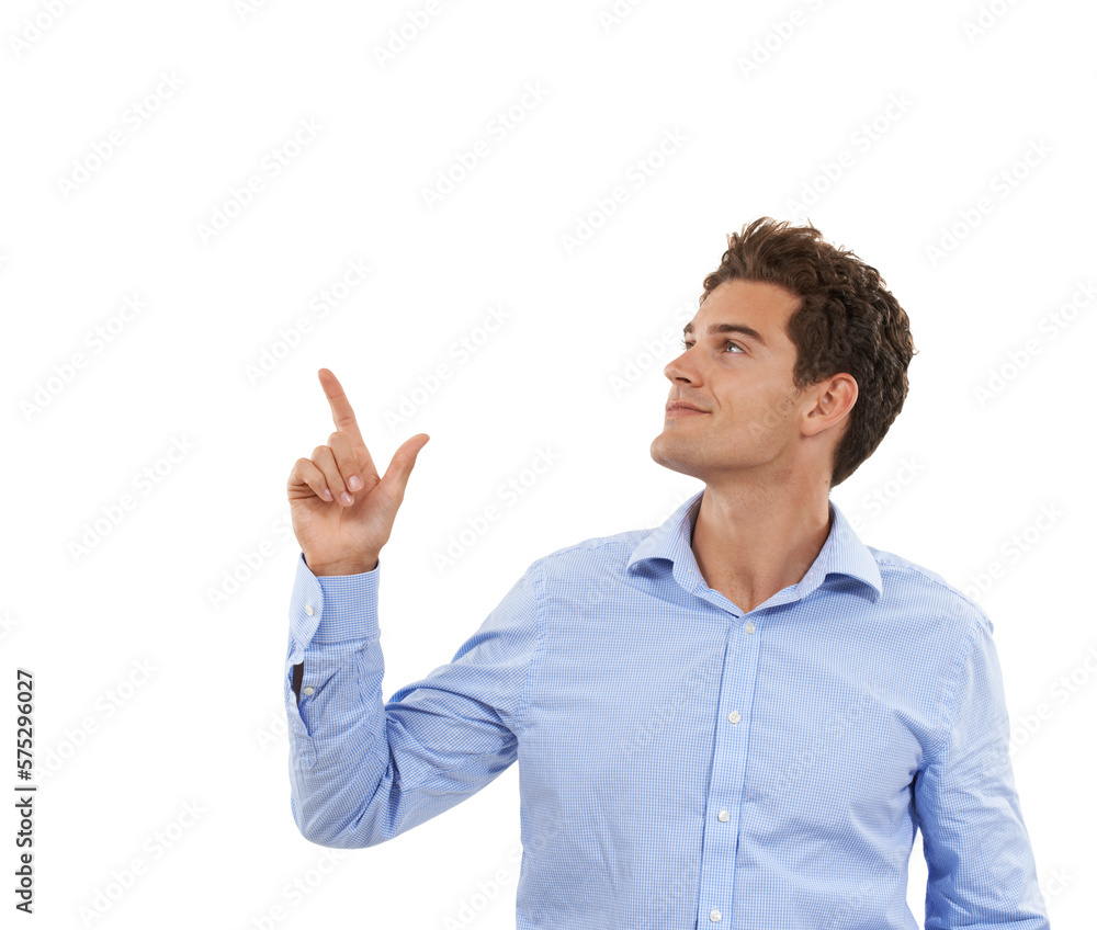 Space, smile and business man pointing up at mockup product placement for marketing or advertising. Gesture, male and model presenting info for new deal isolated in studio on white background.