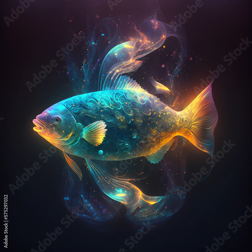 Zodiac sign of Pisces, fantasy fish with magic light in space, generative AI