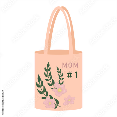ecoTorba for Mother's Day celebration with flower print and lettering. Eco-friendly bag for shopping, gifts and grocery kits in style for all women's day. Made of burlap, fabric bag with handles. Shop