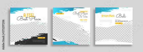 Traveling Bali social media post banner design template with yellow color. travel square web banner design
