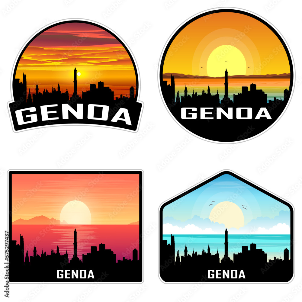Genoa Italy Skyline Silhouette Retro Vintage Sunset Genoa Lover Travel Souvenir Sticker Vector Illustration SVG EPS AI