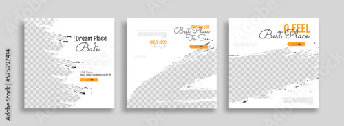 Traveling Bali social media post banner design template with yellow color. travel square web banner design