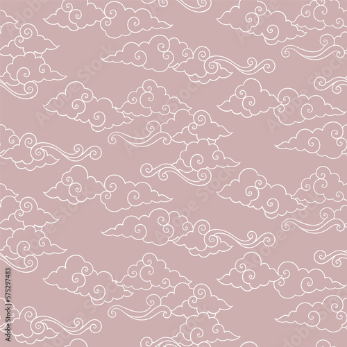 Vector celestial seamless pattern with oriental clouds. Pastel hand drawn cozy textile or magic wrapping design