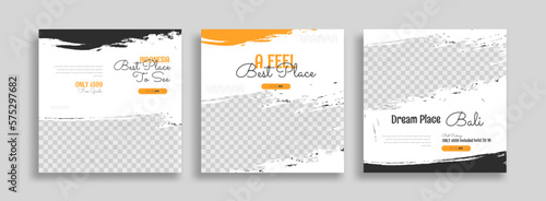 Traveling Bali social media post banner design template with yellow color. travel square web banner design