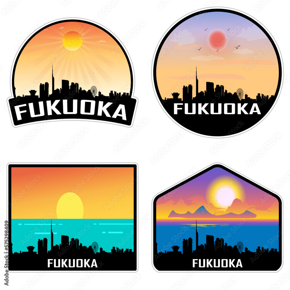 Fukuoka Japan Skyline Silhouette Retro Vintage Sunset Fukuoka Lover Travel Souvenir Sticker Vector Illustration SVG EPS AI