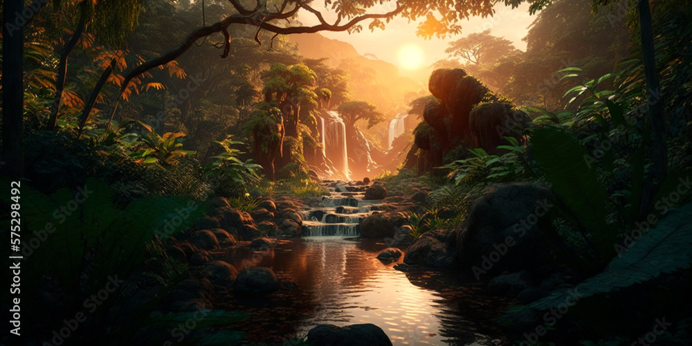 Illustration of a tropical waterfall in the rainforest at sunset AI generated content