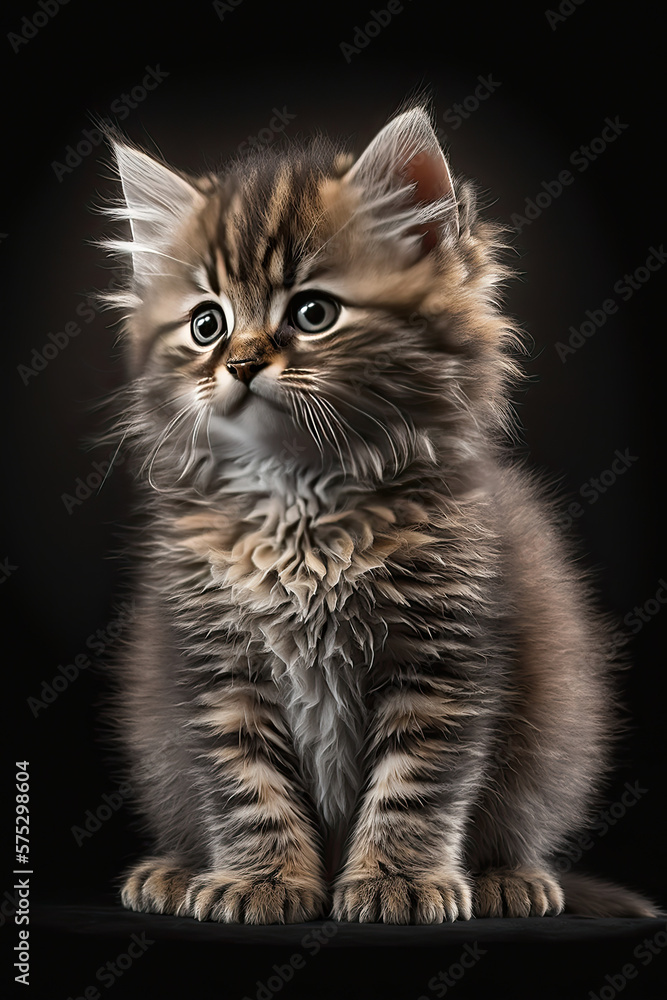 Beautiful cat with brindled fur on a dark background. Generative AI