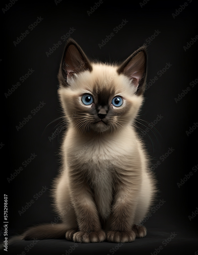 Beautiful cat with light grayish fur on a dark background. Generative AI