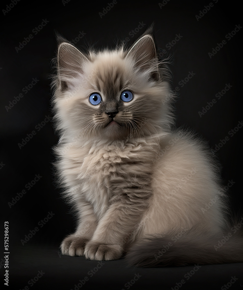 Beautiful cat with blue eyes looking at camera on dark background. Generative AI