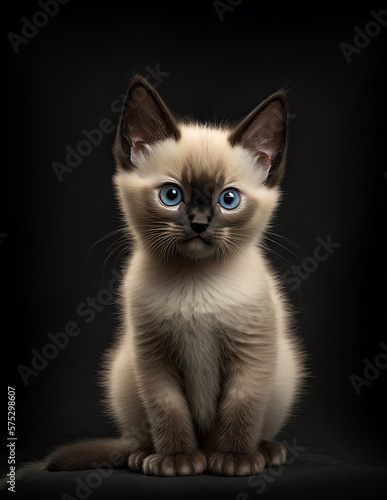 Beautiful cat with light grayish fur on a dark background. Generative AI