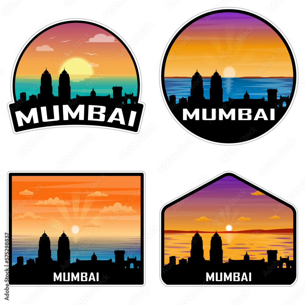Mumbai India Skyline Silhouette Retro Vintage Sunset Mumbai Lover Travel Souvenir Sticker Vector Illustration SVG EPS AI