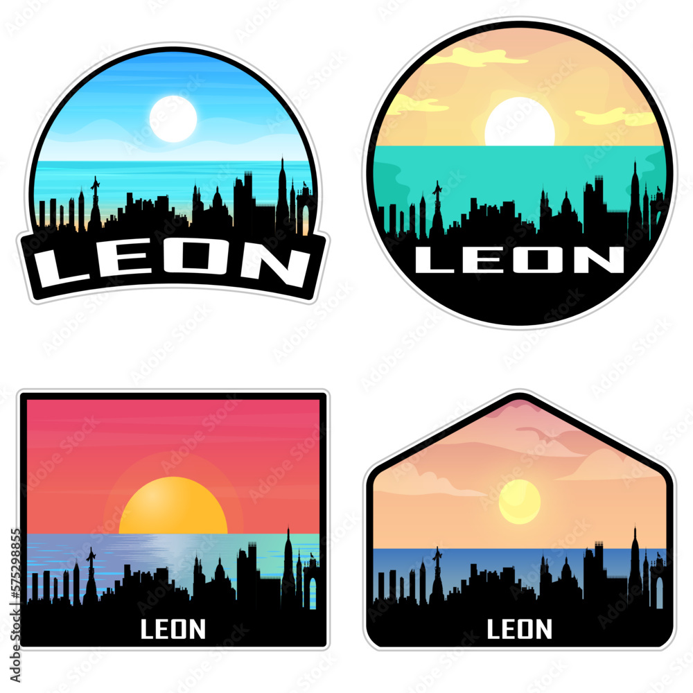 Leon Mexico Skyline Silhouette Retro Vintage Sunset Leon Lover Travel Souvenir Sticker Vector Illustration SVG EPS AI