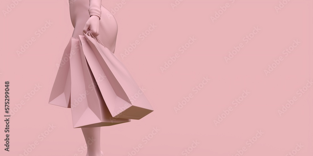 Shopper with shopping concept 3d illustration in pink color