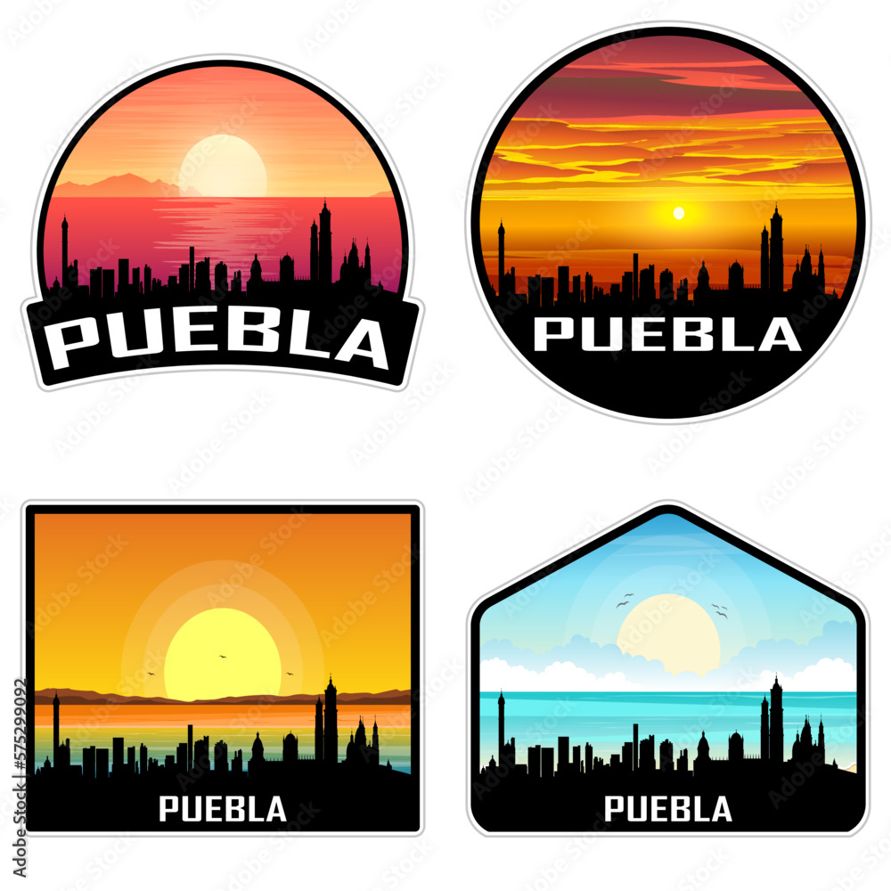 Puebla Mexico Skyline Silhouette Retro Vintage Sunset Puebla Lover Travel Souvenir Sticker Vector Illustration SVG EPS AI