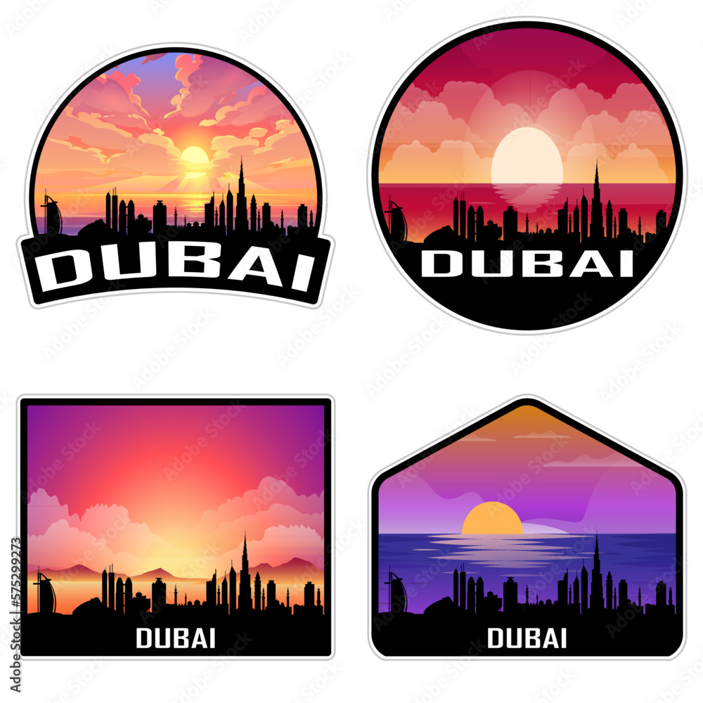 Dubai Uae Skyline Silhouette Retro Vintage Sunset Dubai Lover Travel Souvenir Sticker Vector Illustration SVG EPS AI