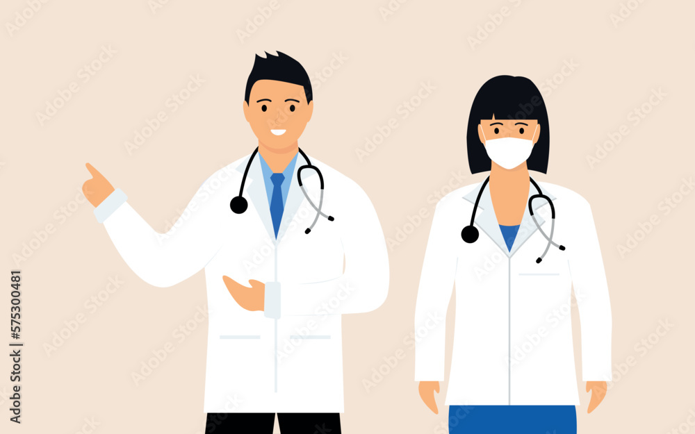 Vector illustration of a medical team, a group of doctors, a masked nurse and a doctor with a smile.