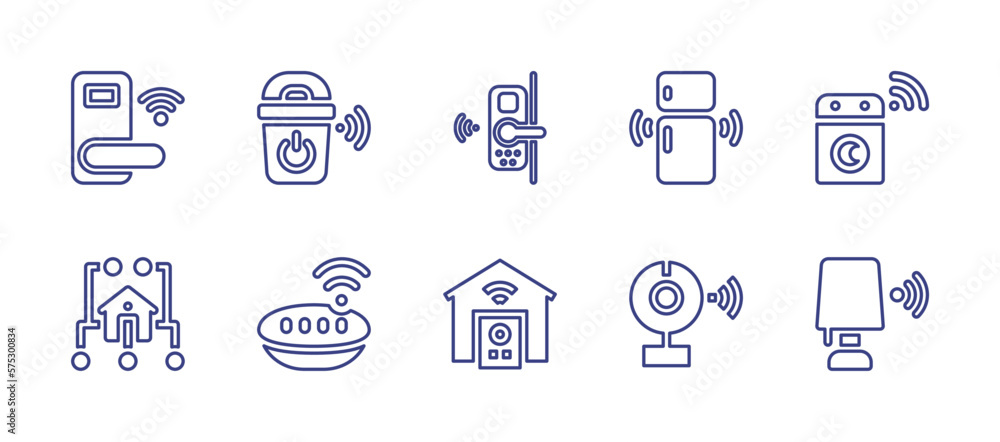 Smart house line icon set. Editable stroke. Vector illustration. Containing smart lock, smart trash, smart refrigerator, smart washing machine, home network, speaker, smart house, webcam, desk lamp