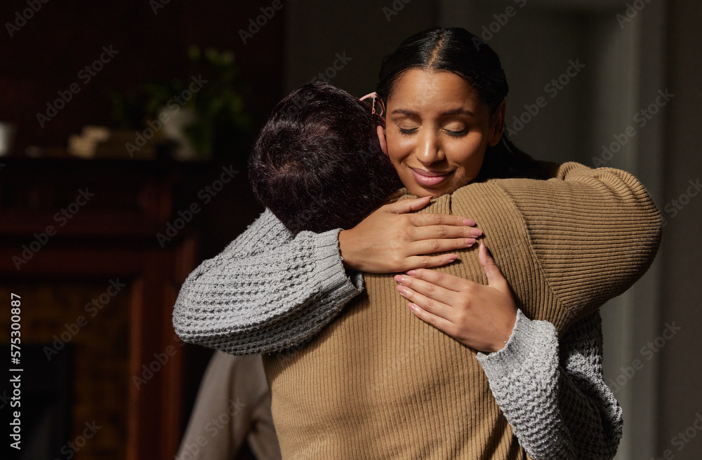 Gratitude, support group hug and woman counseling for drug abuse and mental health problem. Empathy, psychology workshop and therapy session together in a circle for team building with care and help - obrazy, fototapety, plakaty 