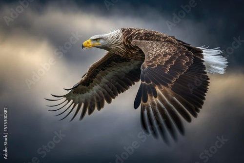 A flying adult White tailed Eagle. There was a blue sky behind them. Haliaeetus albicilla is its scientific name; other common names include white tailed sea eagle, ern, erne, gray eagle, Eurasian sea