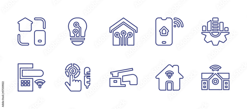 Smart house line icon set. Editable stroke. Vector illustration. Containing home automation, smart light, smart home, smartphone, smart city, smart door, temperature control, faucet, buildings, smarth