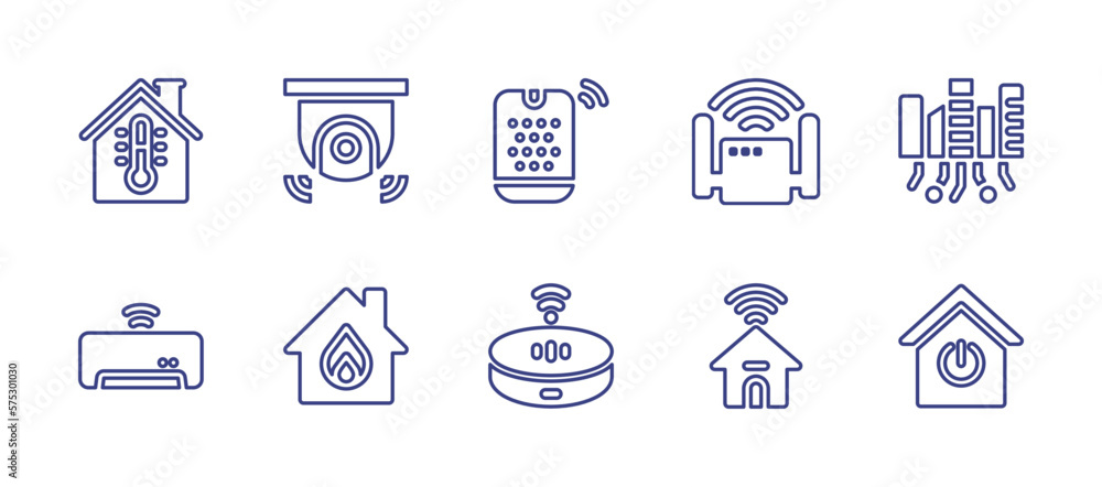 Smart house line icon set. Editable stroke. Vector illustration. Containing room temperature, cctv camera, smart speaker, router, smart city, air conditioner, temperature, house, smart home