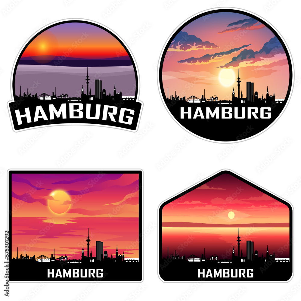 Hamburg Germany Skyline Silhouette Retro Vintage Sunset Hamburg Lover Travel Souvenir Sticker Vector Illustration SVG EPS AI
