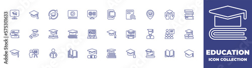 Education line icon collection. Editable stroke. Vector illustration. Containing online education, mortarboard, program, video lesson, computer, e learning, research, education, books, and more.