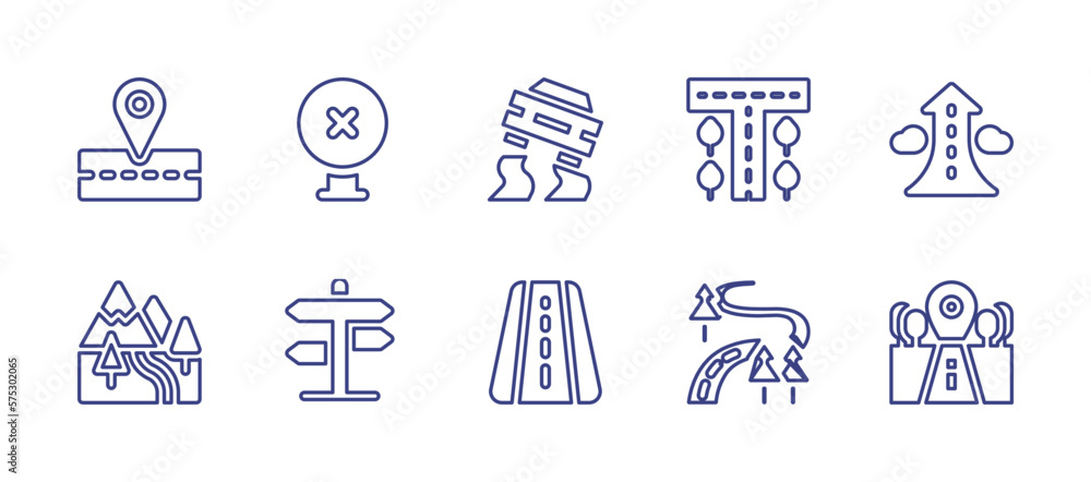 Road line icon set. Editable stroke. Vector illustration. Containing road, road block, slippery road, growth, mountain, forest
