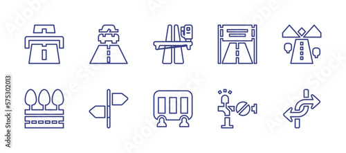 Road line icon set. Editable stroke. Vector illustration. Containing toll road, road, motorway, road banner, direction, barrier, traffic barrier, junction