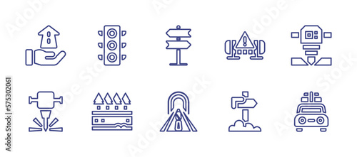 Road line icon set. Editable stroke. Vector illustration. Containing future, traffic light, sign post, works, road drill, jackhammer, road, tunnel, road sign, holidays
