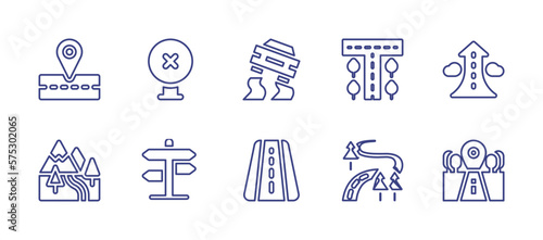 Road line icon set. Editable stroke. Vector illustration. Containing road  road block  slippery road  growth  mountain  forest