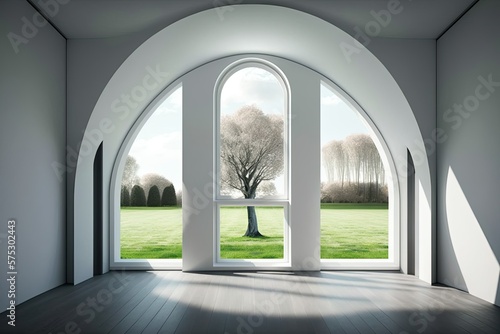 A white, minimalist space in a contemporary, classical style, overlooking the outdoors. It has an arch shaped window and oak floors, and it looks out over a beautiful lawn and garden. Generative AI