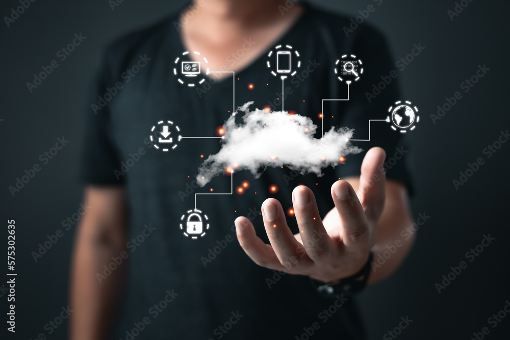 man hold cloud computing system diagram show on hand.Data storage ...